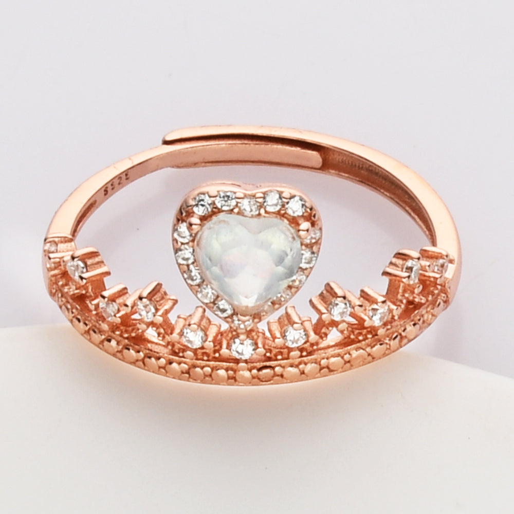 S925 Sterling Silver Rose Gold Dainty Zircon Gemstone Heart Ring, Healing Crystal Amethyst Aquamarine Rose Quartz Moonstone Birthstone Ring Jewelry SS212