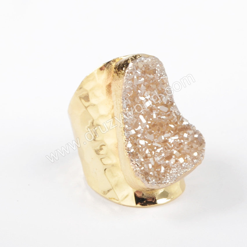 Gold Plated Natural Agate Titanium Rainbow Druzy Band Ring AB White Drusy Cuff Jewelry G0890