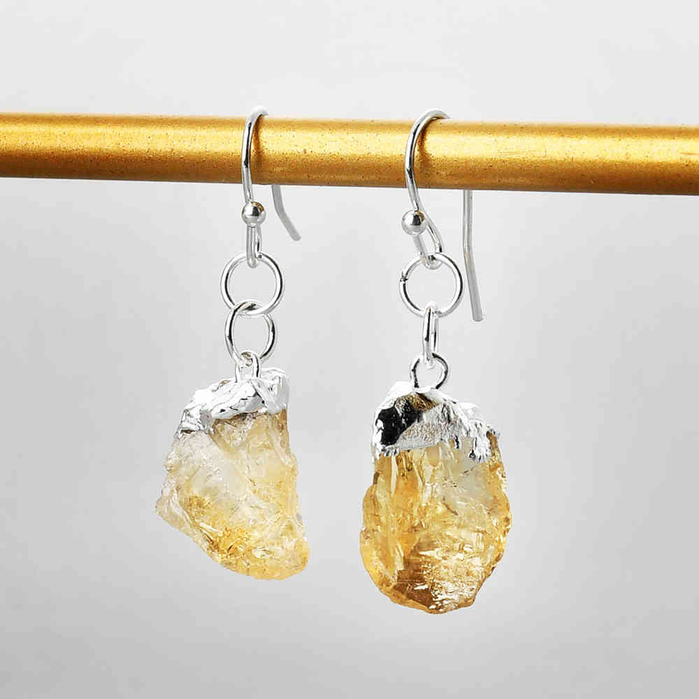 Silver Plated Natural Amethyst / Citrine Dangle Earrings Raw Gemstone Crystal Earrings WX2132