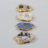 Gold Plated Natural Crystal Quartz Titanium AB White Druzy Geode Slice Connector G1016