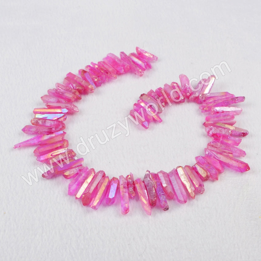 16" Strand Of Rainbow Aura Quartz Titanium Druzy Crystal Point Loose Beads, For DIY Jewelry Making G0796