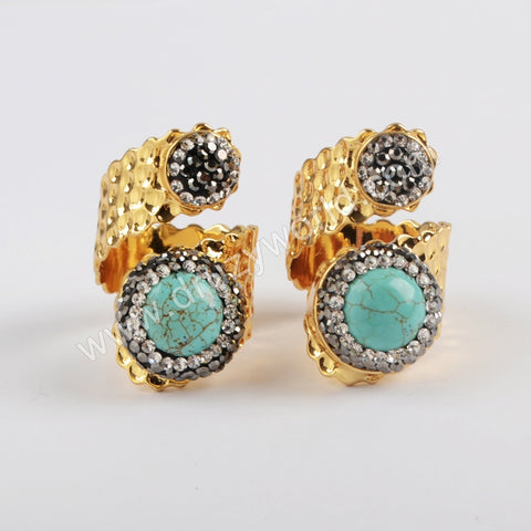 Unique Rhinestone Pave Round Blue Howlite Turquoise Black Agate Pearl Gold Band Wrap Ring JAB963