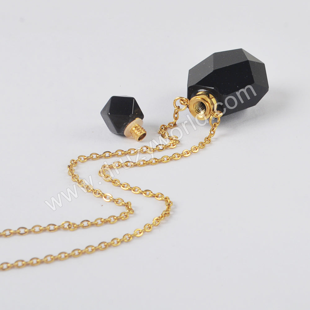 Natural Black Agate Perfume Bottle Stainless Steel Necklace PB001