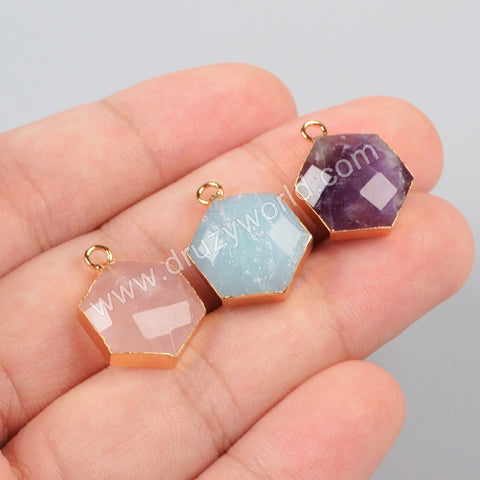 Hexagon Gemstone Faceted Charm Gold Plated, Amethyst Rose Quartz Amazonite Charm G0949