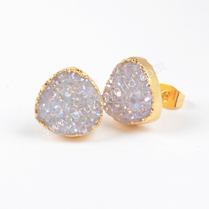 Triangle 12mm Natural Titanium AB White Druzy Stud Earrings Gold Plated Jewelry G0881