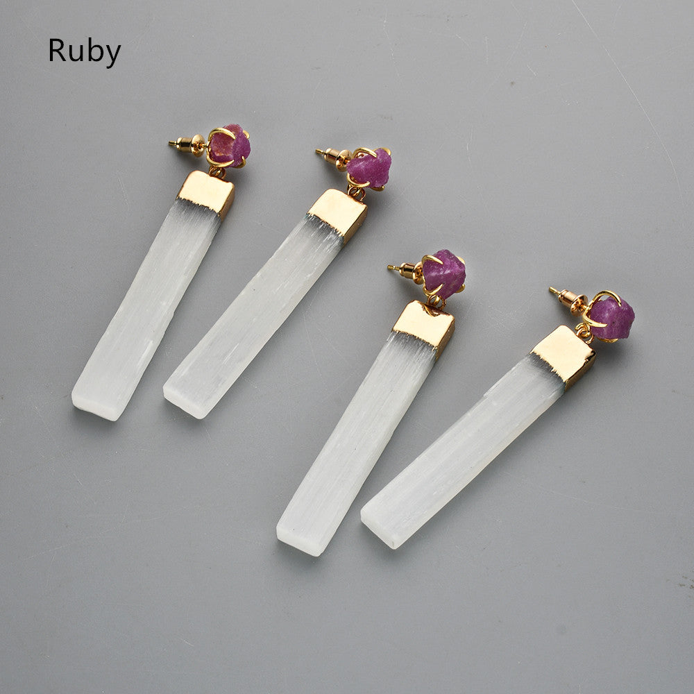 Gold Plated Claw Raw Gemstone Chips & Selenite Bar Stud Earrings, Healing Crystal Stone Jewelry, Boho Earrings ZG0491 Ruby Earrings