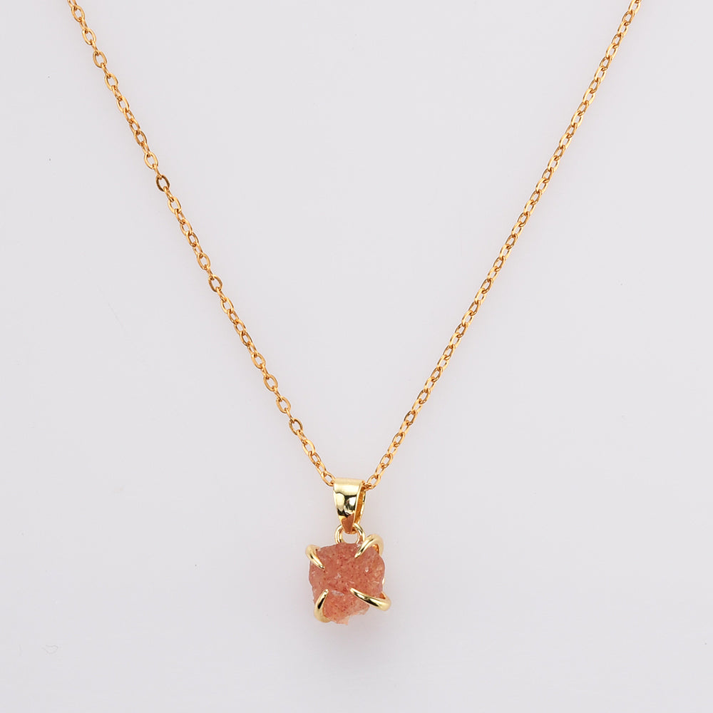 16" Gold Plated Claw Tiny Rainbow Natural Gemstone Necklace, Raw Healing Crystal Stone Pendant Necklace, Birthstone Necklace Jewelry ZG0479-N Strawberry Quartz Necklace
