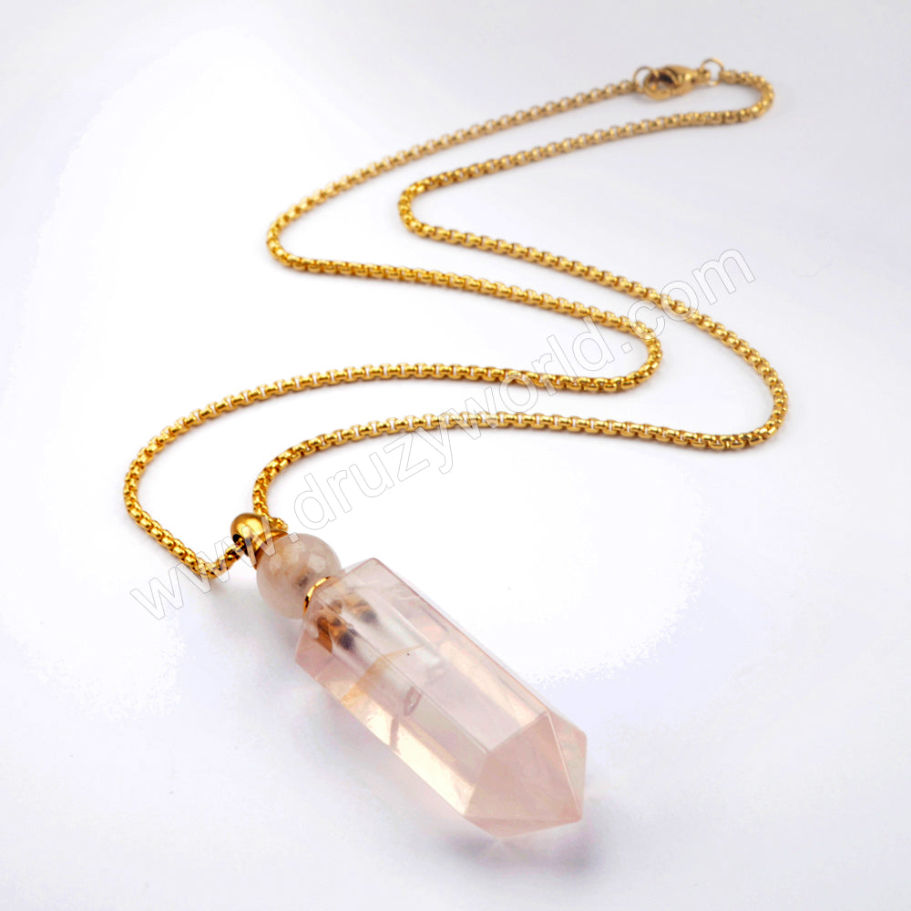 19" Gold Chain Healing Natural Stone Crystal Point Perfume Bottle Necklace WX1507