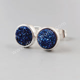 Round 8mm Silver Plated Bezel Natural Agate Titanium Druzy Stud Earrings, Drusy Jewelry ZS0198