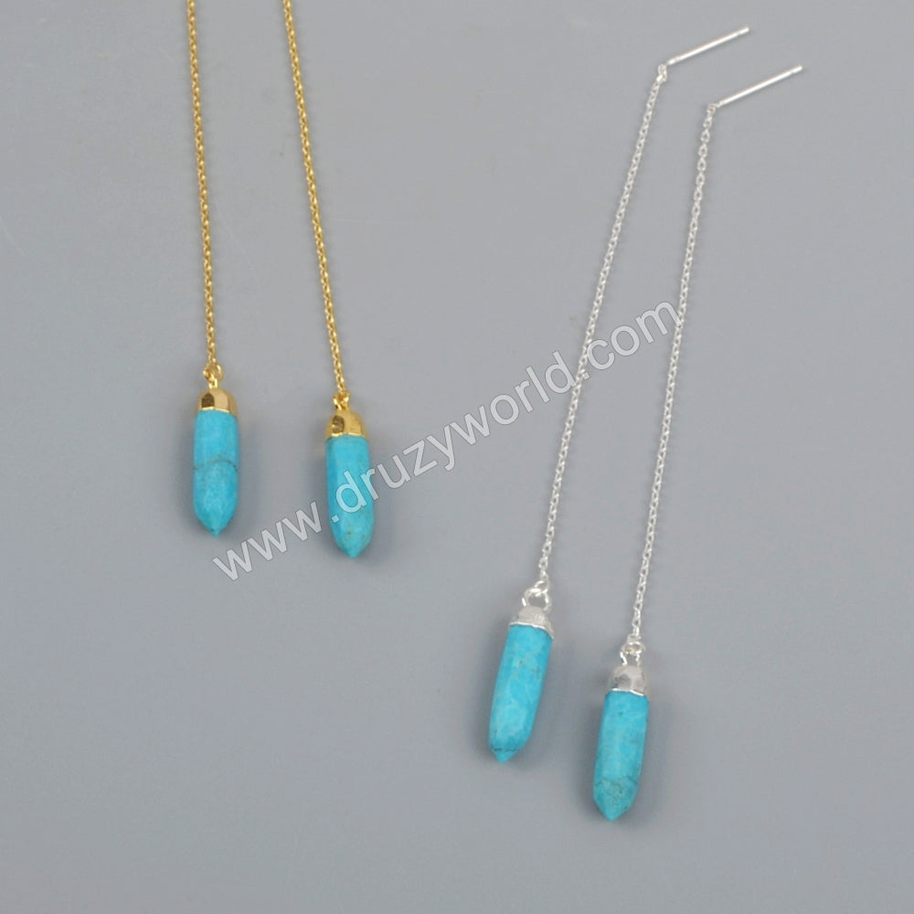 Natural Turquoise Faceted Point Threader Earrings Gold Plated, Gemstone Jewelry Dangle Earring S1343