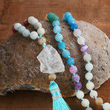 32" Raw Crystal Blue Tassel 8mm Rainbow Stone Beads Long Necklace, Mala Prayer Balance Meditation Reiki Spiritual Jewelry HD0309