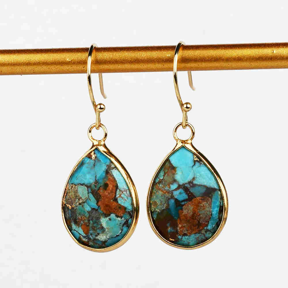 Teardrop Gold Plated Natural Gemstone Faceted Earrings Copper Turquoise Labradorite Moonstone Healing Crystal Stone Earrings Fashion Jewelry For Woman G2083