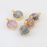 Gold Plated Round Natural Colors Agate Druzy Pendant, Crystal Coin Pendant G2020