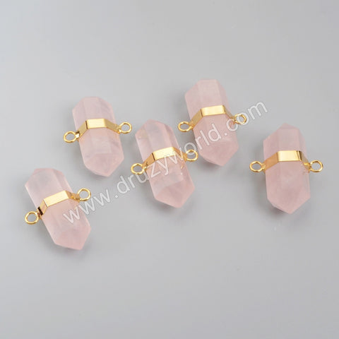 Gold Plated Hexagon Natural Rose Quartz Faceted Connector Double Bails G1011