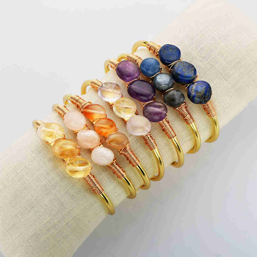 Gold Plated Brass Wire Wrap Gemstone Bangle Bracelet Healing Crystal Stone Bracelet Handmade Boho Jewelry WX2075