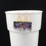 Natural Amethyst Slice Druzy Dangle Earrings Gold Plated WX014