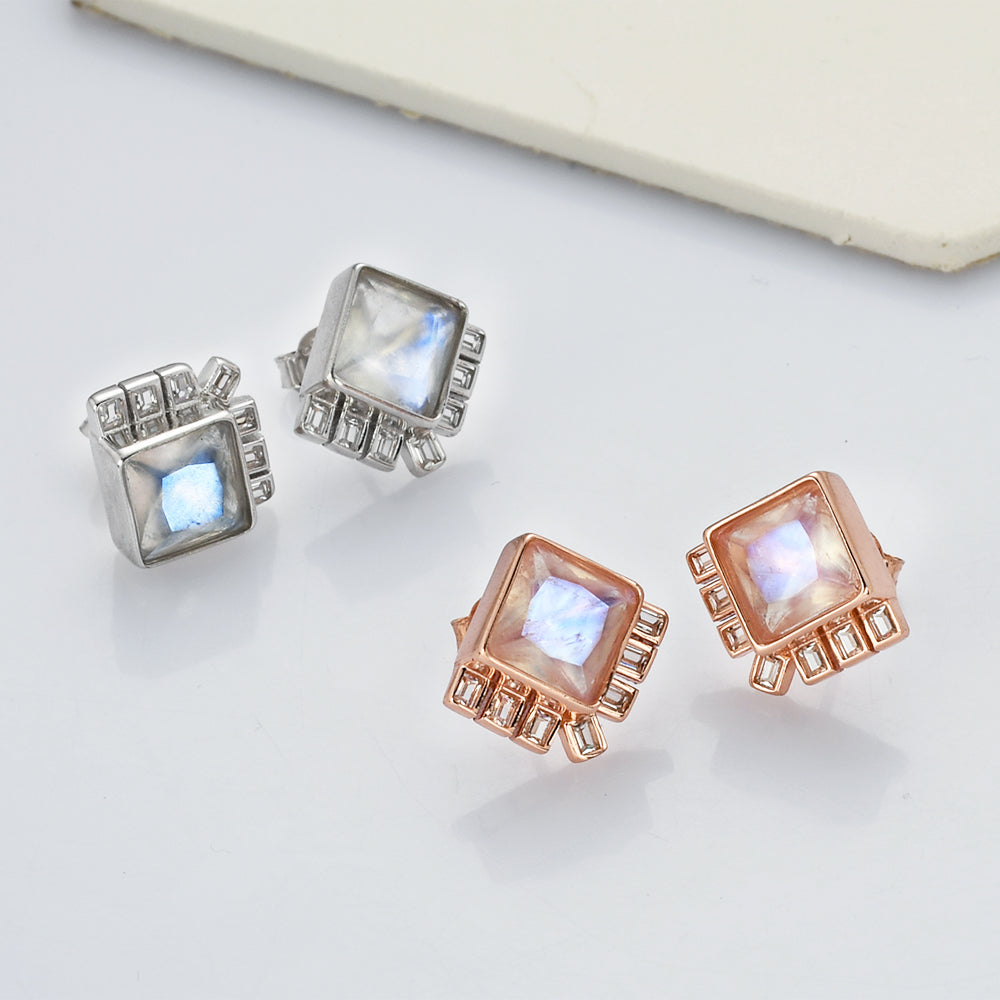 S925 Sterling Silver Diamond Moonstone Faceted Stud Earrings, Zircon Pave Crystal Fashion Earrings LM035