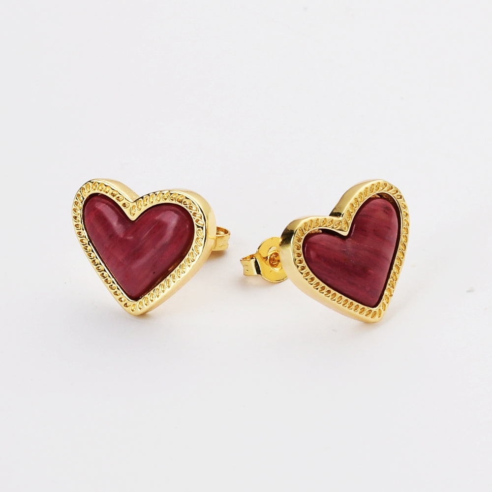 Gold Plated Bezel Heart Turquoise Gemstone Stud Earrings, Opal Black Agate Jewelry ZG0455
