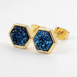 Hexagon Gold Plated Bezel Rainbow Titanium Druzy Studs Earrings ZG0275