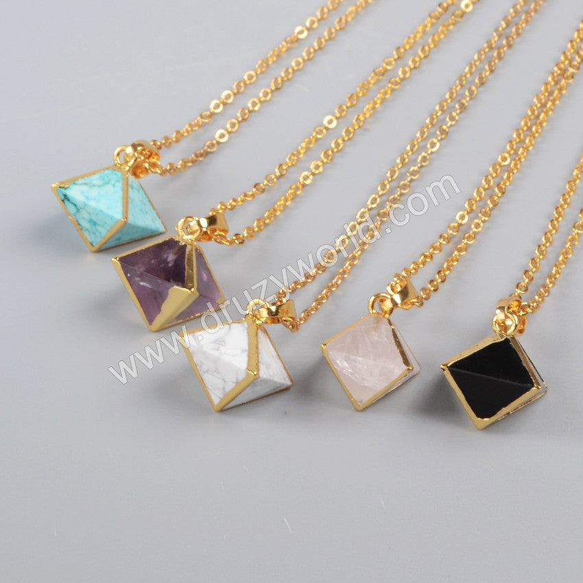 Gold Plated Pyramid Point Multi-Kind Stones Faceted Pendant Bead G1004