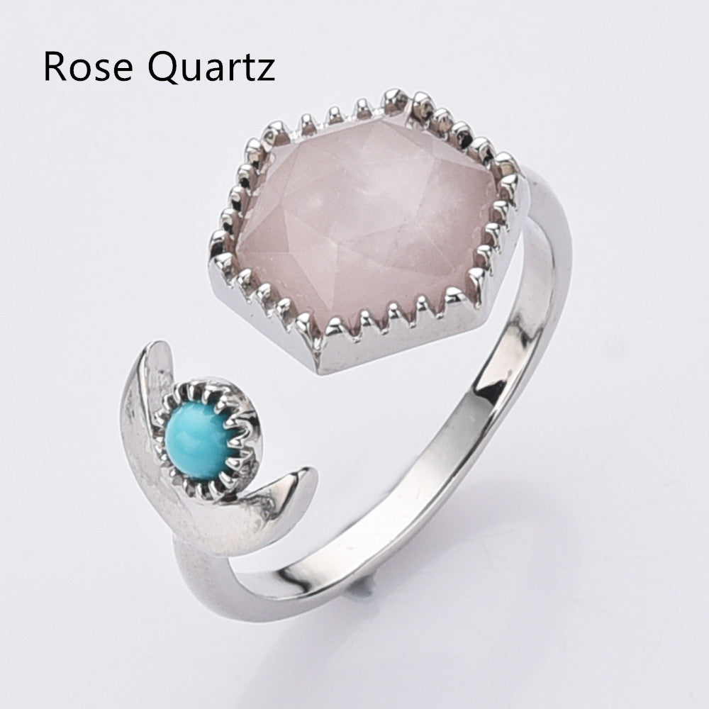 Silver Rose Quartz Ring, Hexagon Gemstone Faceted Ring, Adjustable Open Ring, Natural Crystal Stone Jewelry WX2196