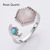 Silver Plated Hexagon Gemstone Faceted Ring, Adjustable Open Ring, Natural Crystal Stone Jewelry WX2196