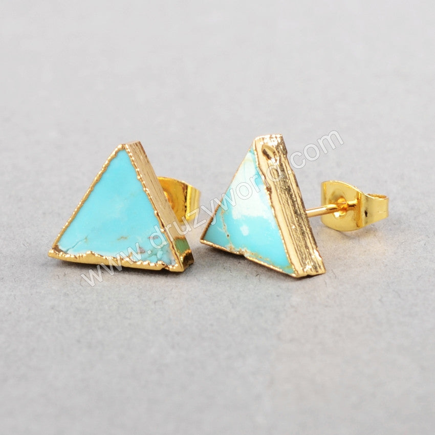 Gold Plated Triangle Natural Real Turquoise Stud Earrings G0472