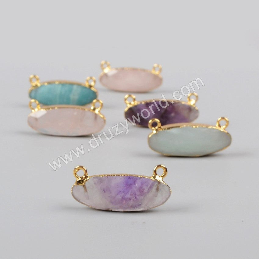 Gold Plated Long Oval Amethyst Rose Quartz Amazonite Faceted Connector G0943