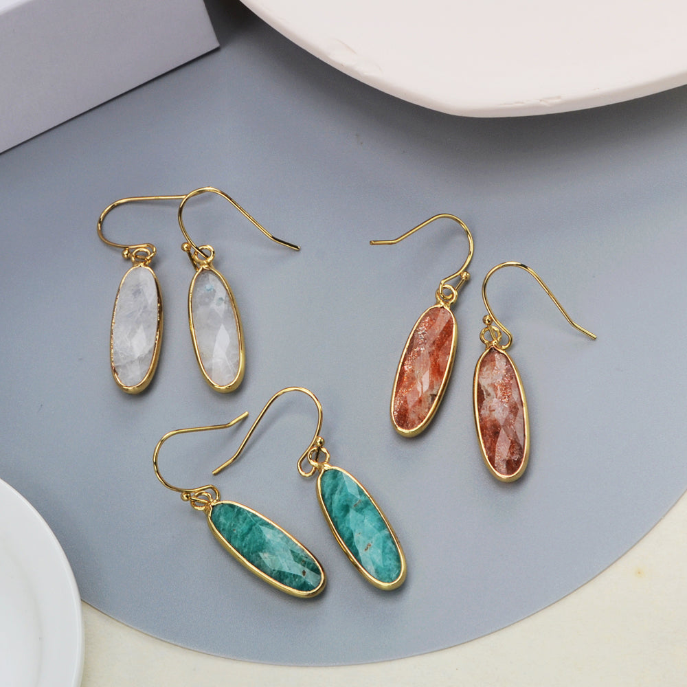 Gold Plated Long Oval Amazonite Moonstone Faceted Crystal Dangle Earrings G2060
