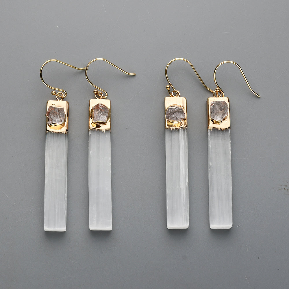 Gold Plated Rectangle Natural Selenite Crystal Earrings, Pave Raw Gemstone Chips, Healing Jewelry, Boho Earrings G2091 White Quartz Earrings