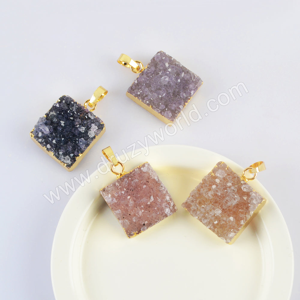 Gold Plated Square Natural Colors Agate Druzy Pendant G2022