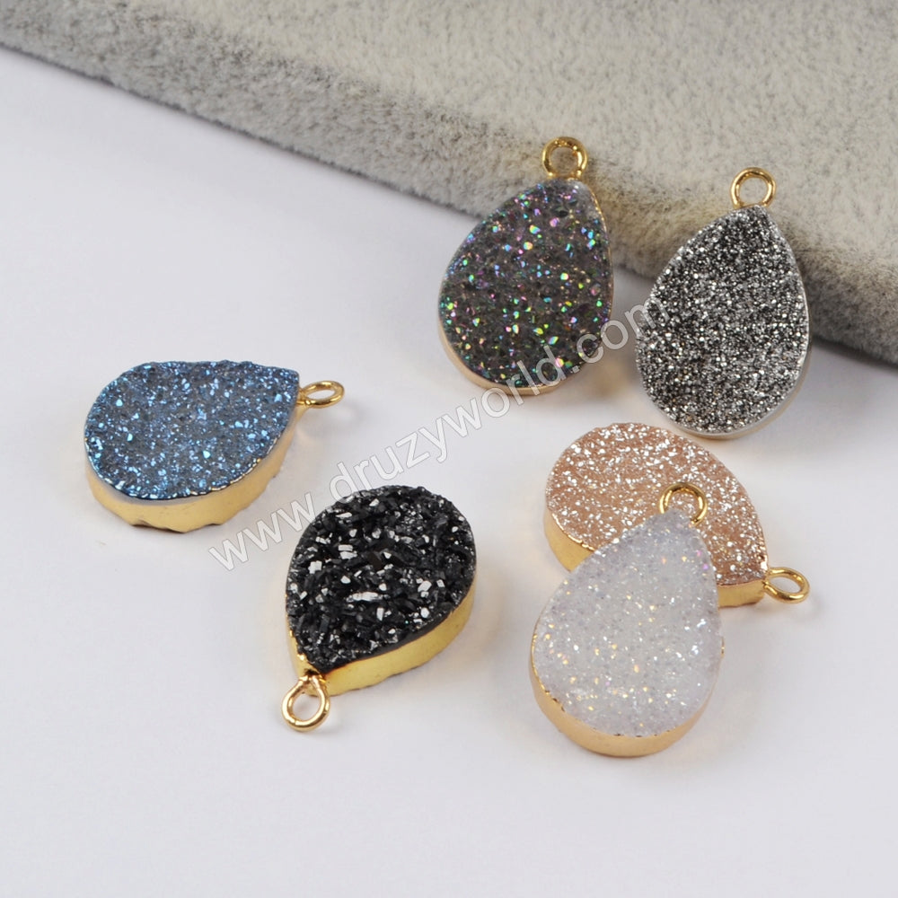 Teardrop Rainbow Titanium Natural Druzy Charm Gold Plated, Crystal Drusy Charm For Jewelry Making  G1455