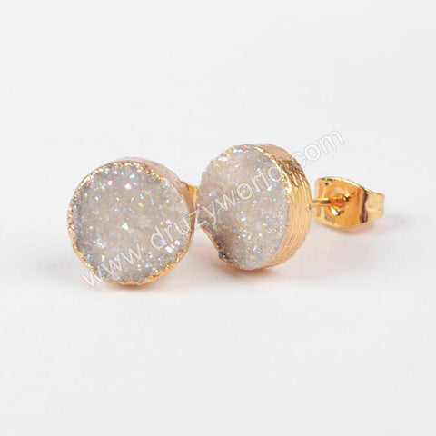 Round 10mm Natural Agate Titanium Rainbow Druzy Stud Earrings Gold Plated G0911