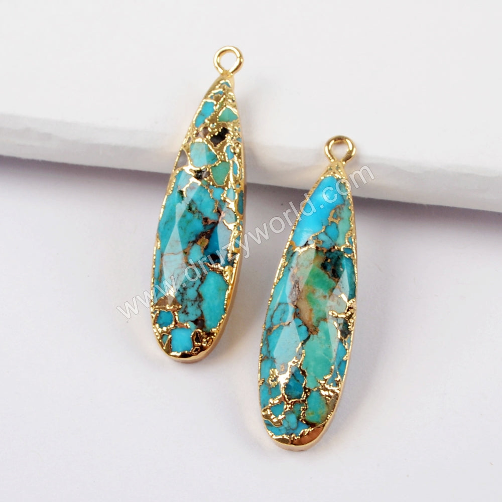 Long Teardrop Gold Plated Natural Copper Turquoise Charm G1547
