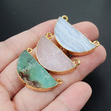 Half Round Australia Jade Connector Gold Plated, Rose Quartz Half Moon, For Jewelry Making G1025