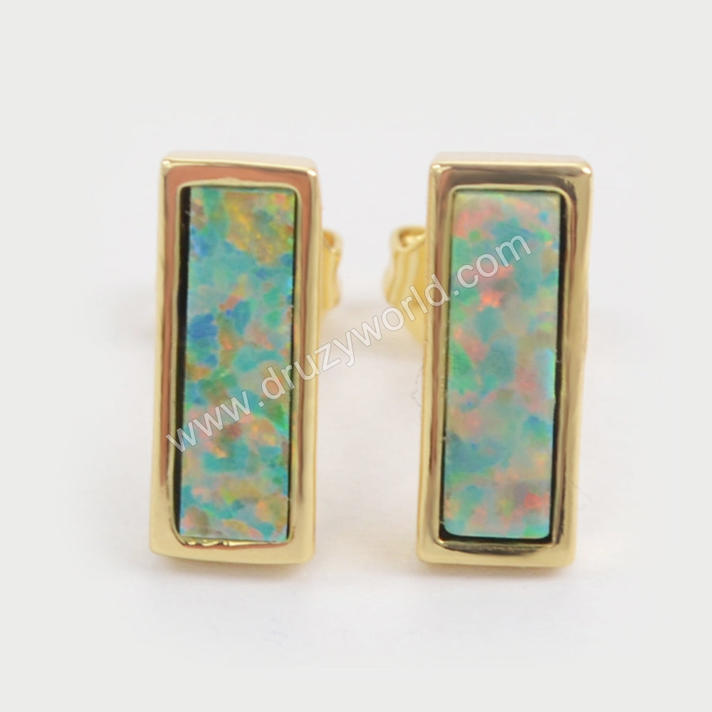 Gold Plated Bezel Rectangle White Opal Studs Opal Bar Jewelry Earrings ZG0214