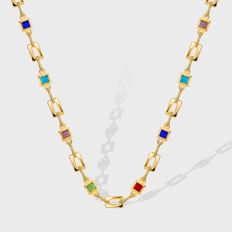 Wholesale 18" Gold Plated Brass Rainbow Zircon Necklace, Rectangle CZ Link Chain Necklace Jewelry AL581 boho jewelry chain