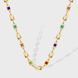 Wholesale 18" Gold Plated Brass Rainbow Zircon Necklace, Rectangle CZ Link Chain Necklace Jewelry AL581