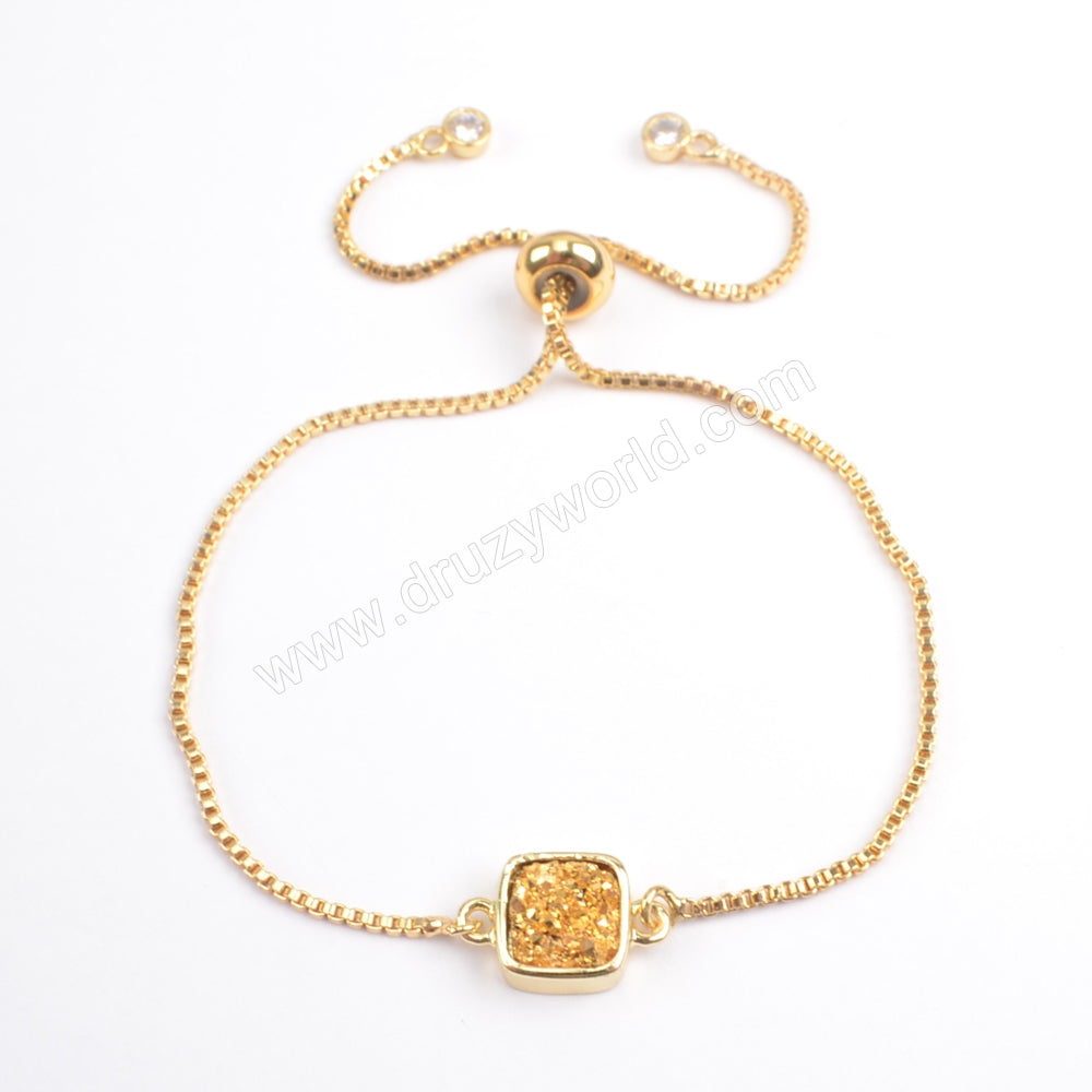 Square Gold Plated Bezel Titanium Druzy Adjustable Bracelet ZG0222