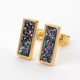 Gold Plated Bezel Rectangle Rainbow Titanium Druzy Bar Stud Earrings ZG0280