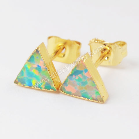 Triangle Blue White Opal Studs Earring Gold Plated, Opal Jewelry Earrings For Women G1424