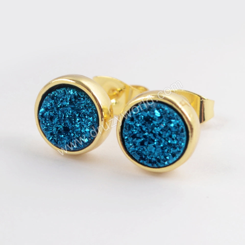 Round 8mm Gold Plated Bezel Natural Agate Titanium Rainbow Druzy Stud Earrings ZG0328