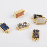 Gold Plated Bezel Rectangle Natural Agate Titanium Druzy Connector ZG0154