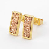 Gold Plated Bezel Rectangle Rainbow Titanium Druzy Bar Stud Earrings ZG0280