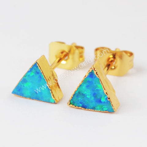 Triangle Blue White Opal Studs Earring Gold Plated, Opal Jewelry Earrings For Women G1424