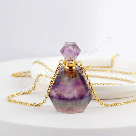 Genuine Colorful Fluorite Perfume Bottle Necklace Gold PB001-N