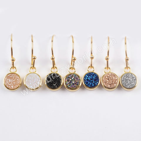 9mm Round Gold Plated Natural Agate Titanium Rainbow Druzy Earring Stud ZG0357-E