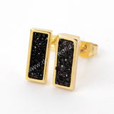 Gold Plated Bezel Rectangle Rainbow Titanium Druzy Bar Stud Earrings ZG0280