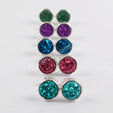 8mm Round Natural Agate Titanium Druzy Stud Earrings Silver Plated ZS0328