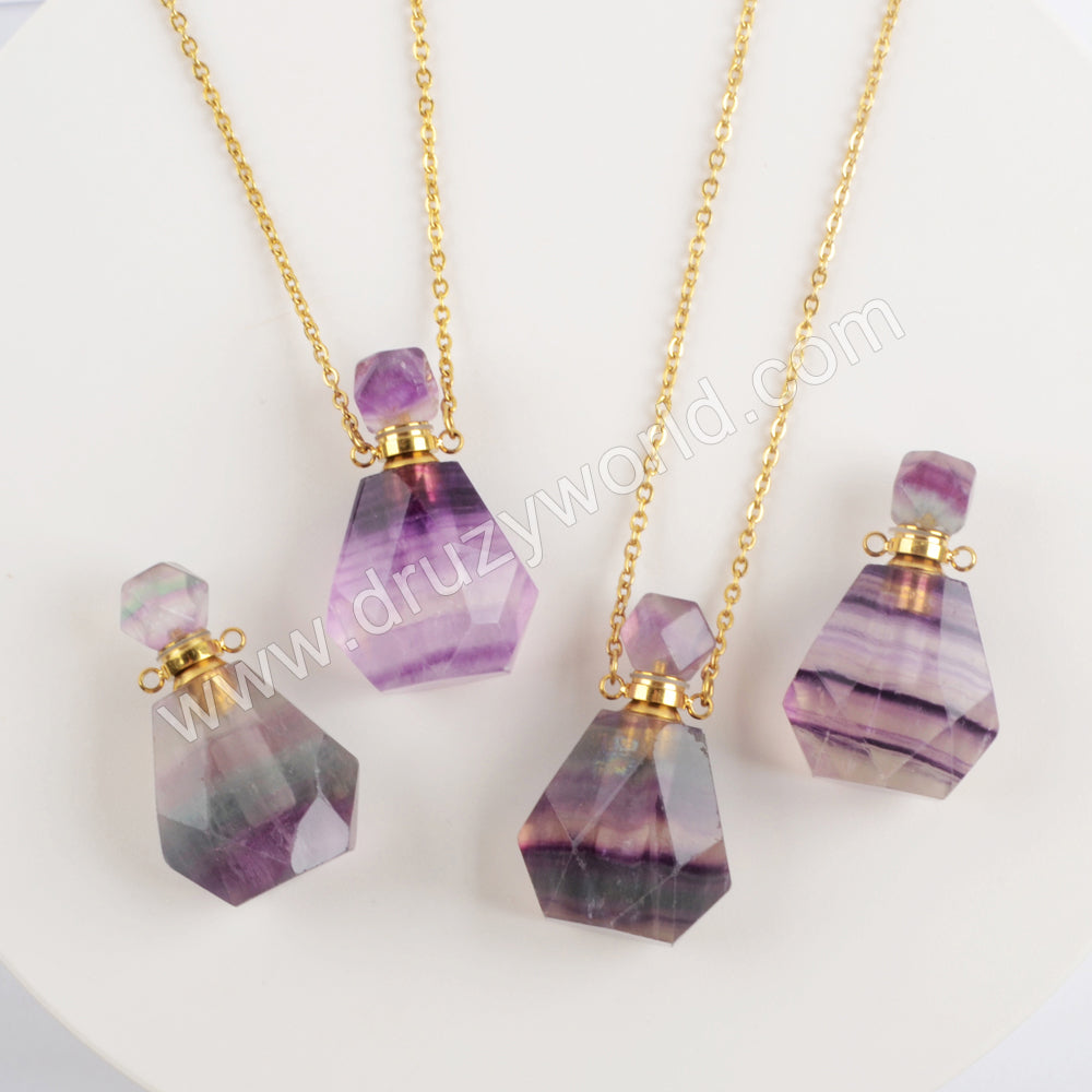 Genuine Colorful Fluorite Perfume Bottle Necklace Gold PB001-N